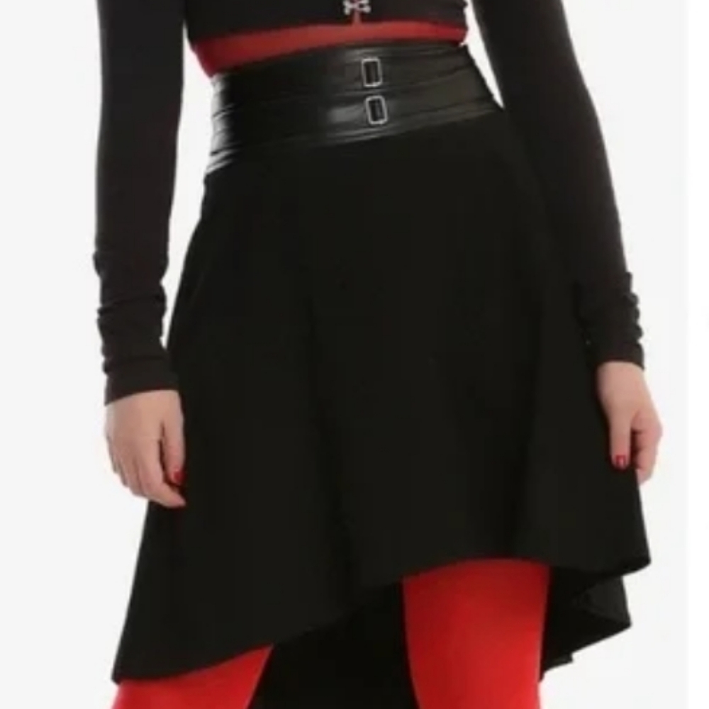 TRIPP NYC Daang Goodman Skirt Faux Leather Double Buckle Hi Lo Black